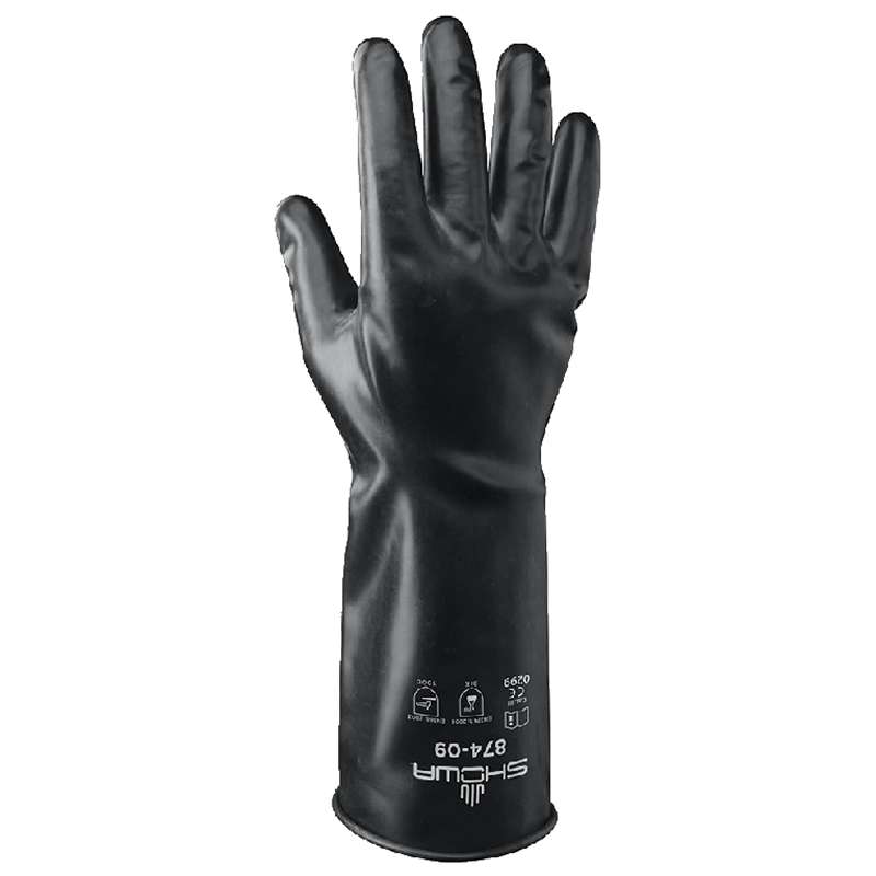 874 Chemical Resistance Gloves, Unsupported Butyl, Black, Smooth/Rolled Cuff, 14in, XLarge